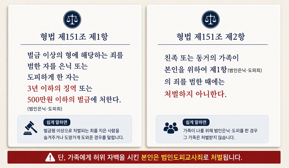 형법 제151조 제1항과 제2항 비교, 친족 특례와 교사범 처벌