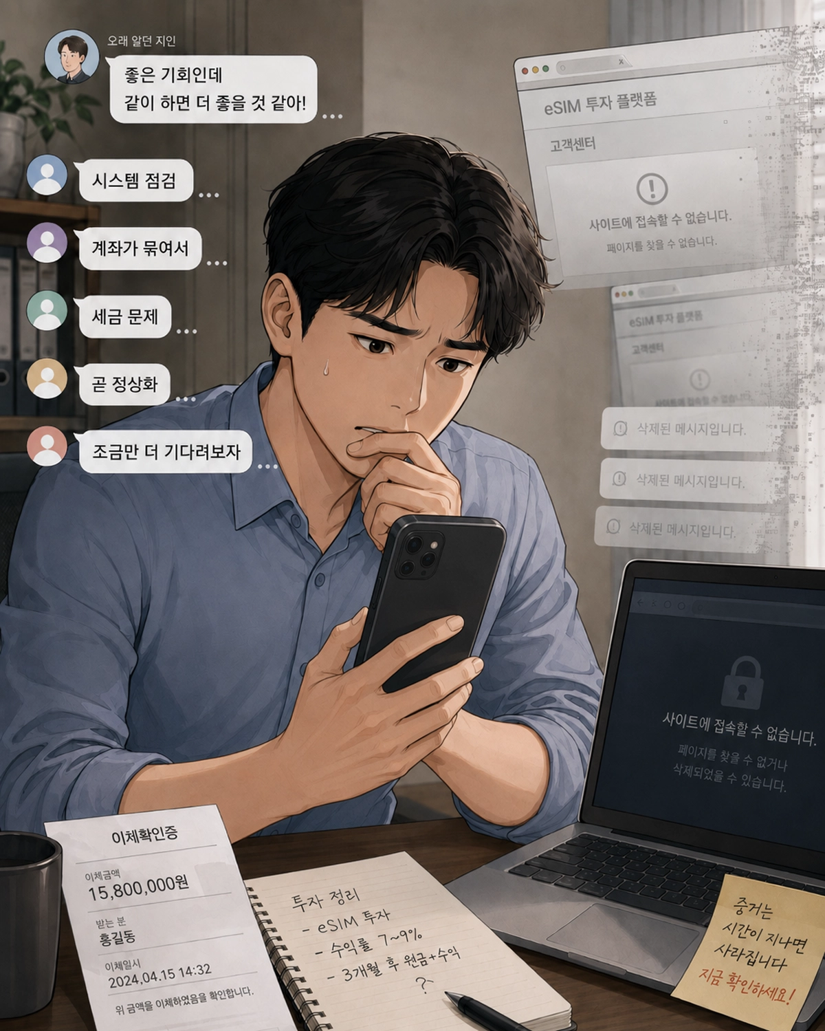 이심 투자 사기 당한건지 고민하는 장면 묘사