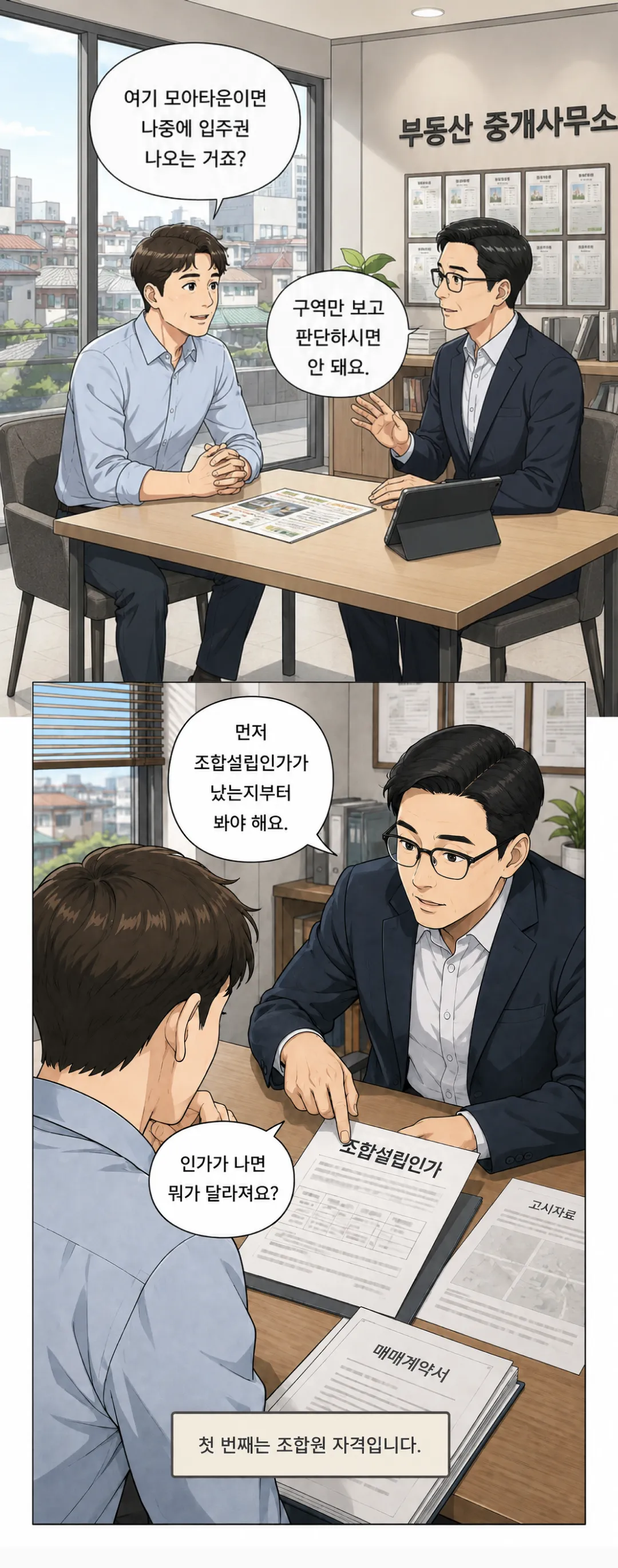 모아타운 매수 시 조합원 자격과 입주권을 따로 확인하는 과정을 보여주는 웹툰