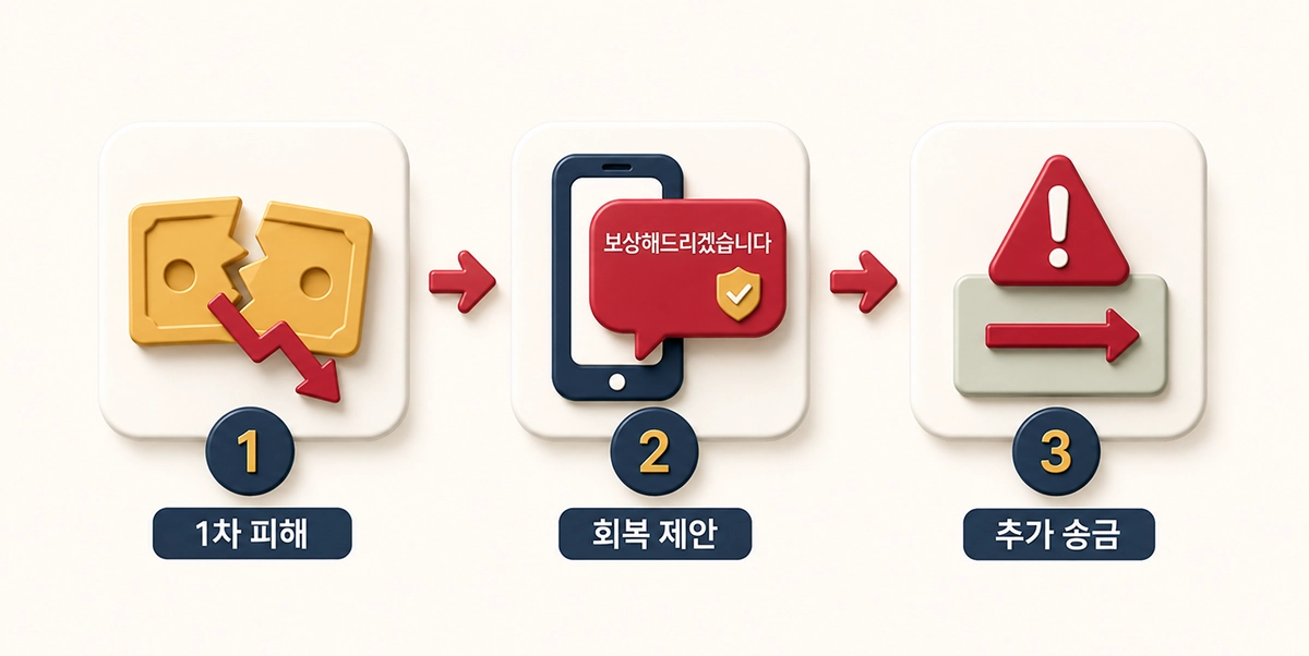 2차 사기 피해 흐름 3단계 - 1차 피해, 회복 제안, 추가 송금