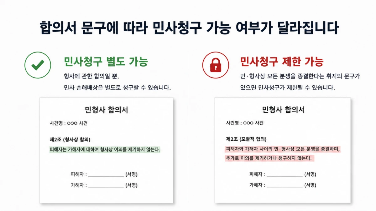 합의서 문구에 따라 민사청구 가능 여부가 달라짐을 표시